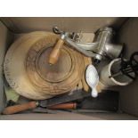 A box of vintage kitchenalia including treen tools, Holborn Egg Whisk, butter stamps and pats,