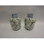 A pair of early 20th Century opaque glass vases with handpainted tree blossom design,