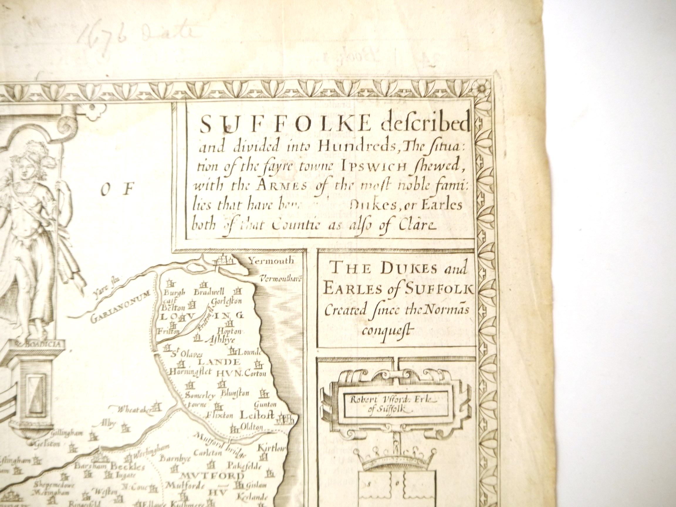 John Speed: 'Suffolk described and divided into hundreds [Suffolk]', engraved map, London, - Image 3 of 4