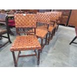 A set of six late Victorian French oak and leather woven dining chairs