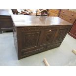 A George III three panel oak Mule chest/coffer with two drawers,