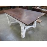 An oak top table on painted base,