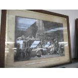 A framed and glazed engraving "The Trial of William Lord Russell in the Old Bailey"