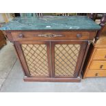 A Georgian style mahogany marble top side cabinet with brass grille doors