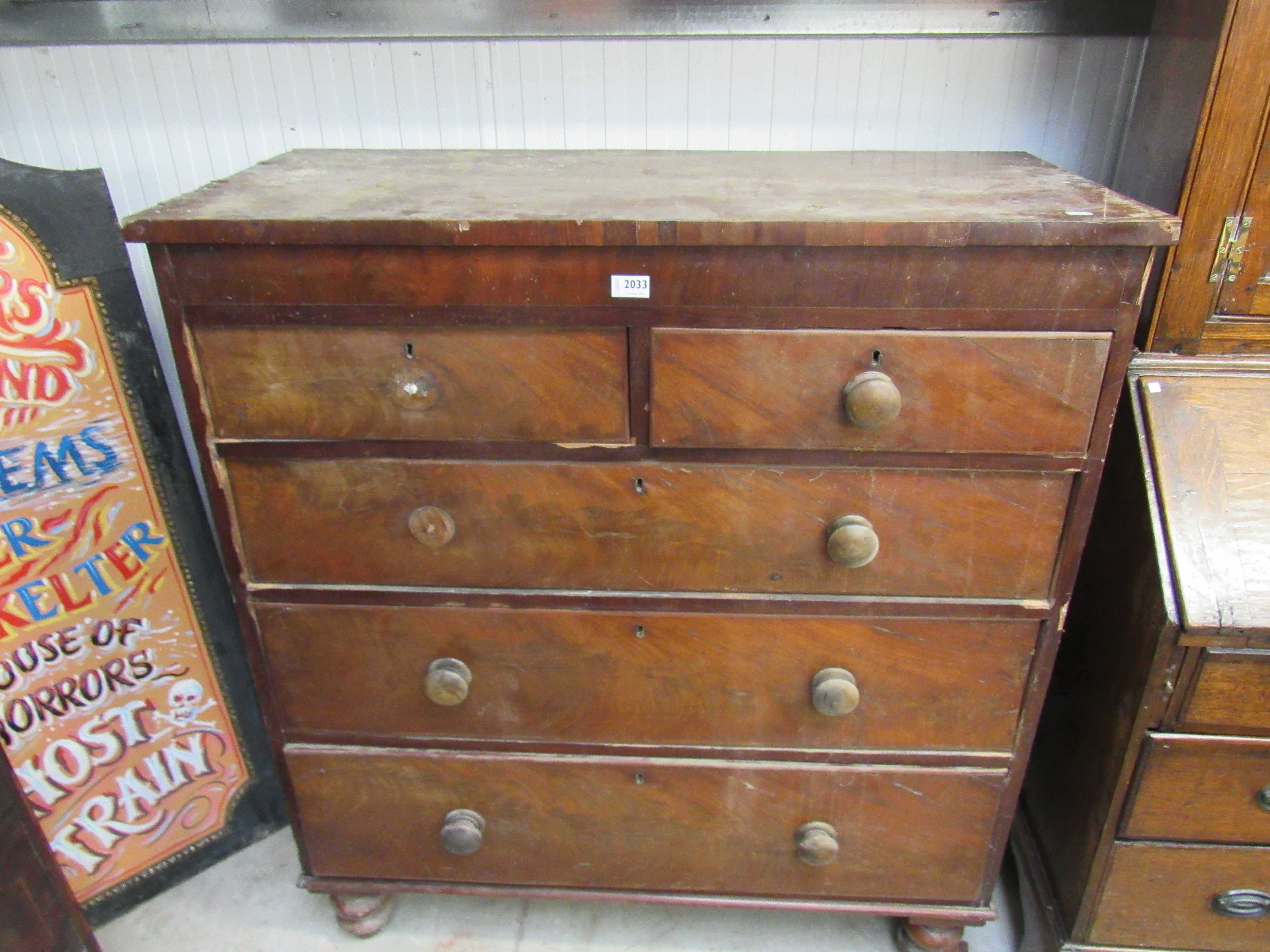 A Victorian mahogany two over three chest of drawers for restoration