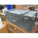 A rustic painted pine ex military munitions box with metal latches and embossed front