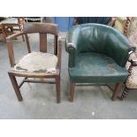 A leather tub chair and a beech tub chair,