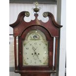 An early Victorian 8 day arch top painted dial grandfather clock with keys, weights and pendulum,