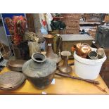 Mixed copper and brass wares including jug and vase