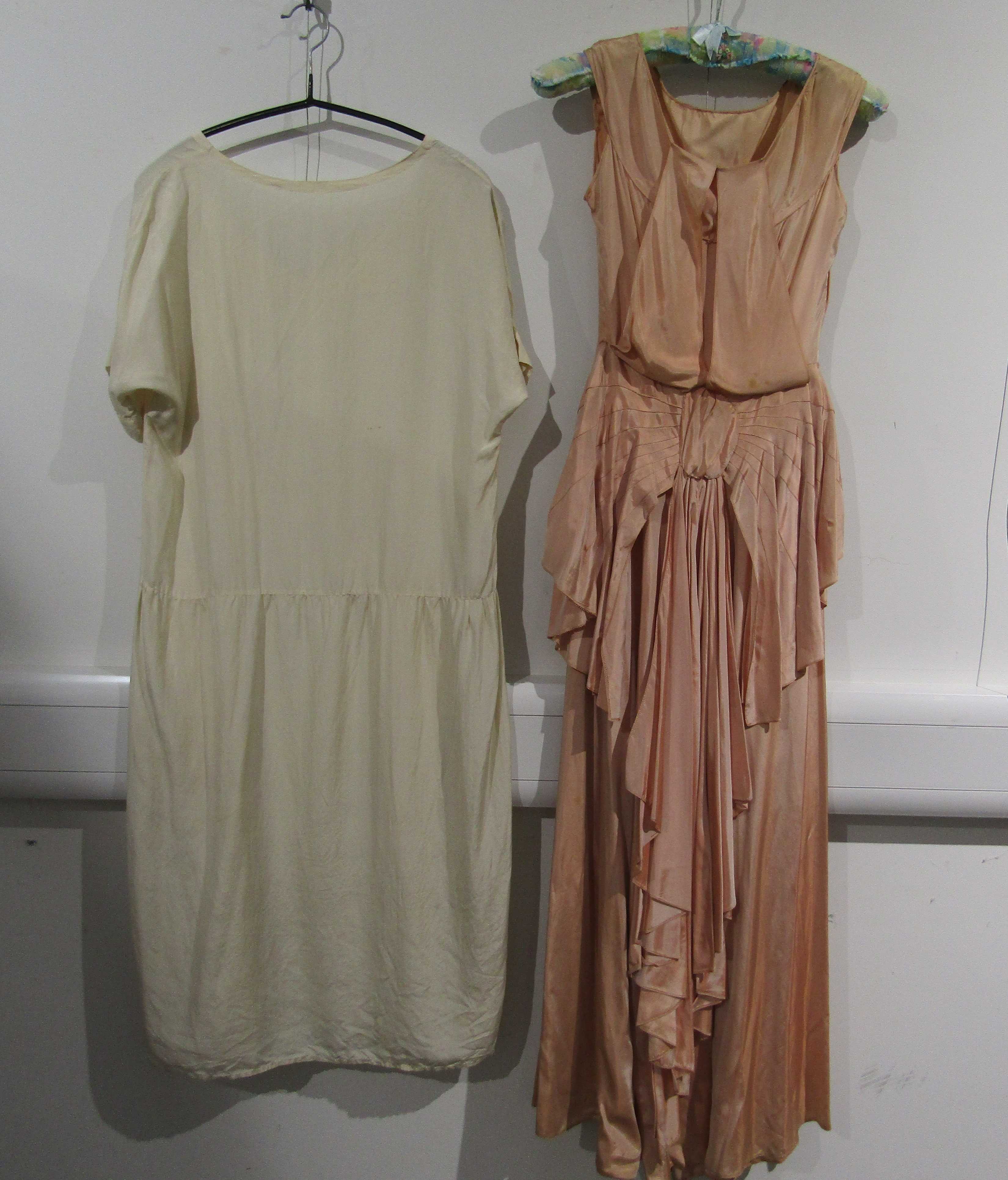 A 1930's peach full length evening dress, loose pleated effect to the hip, - Image 2 of 3