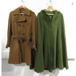 A pea green wool cape with hood and a 1960's faux tan suede gents car coat.