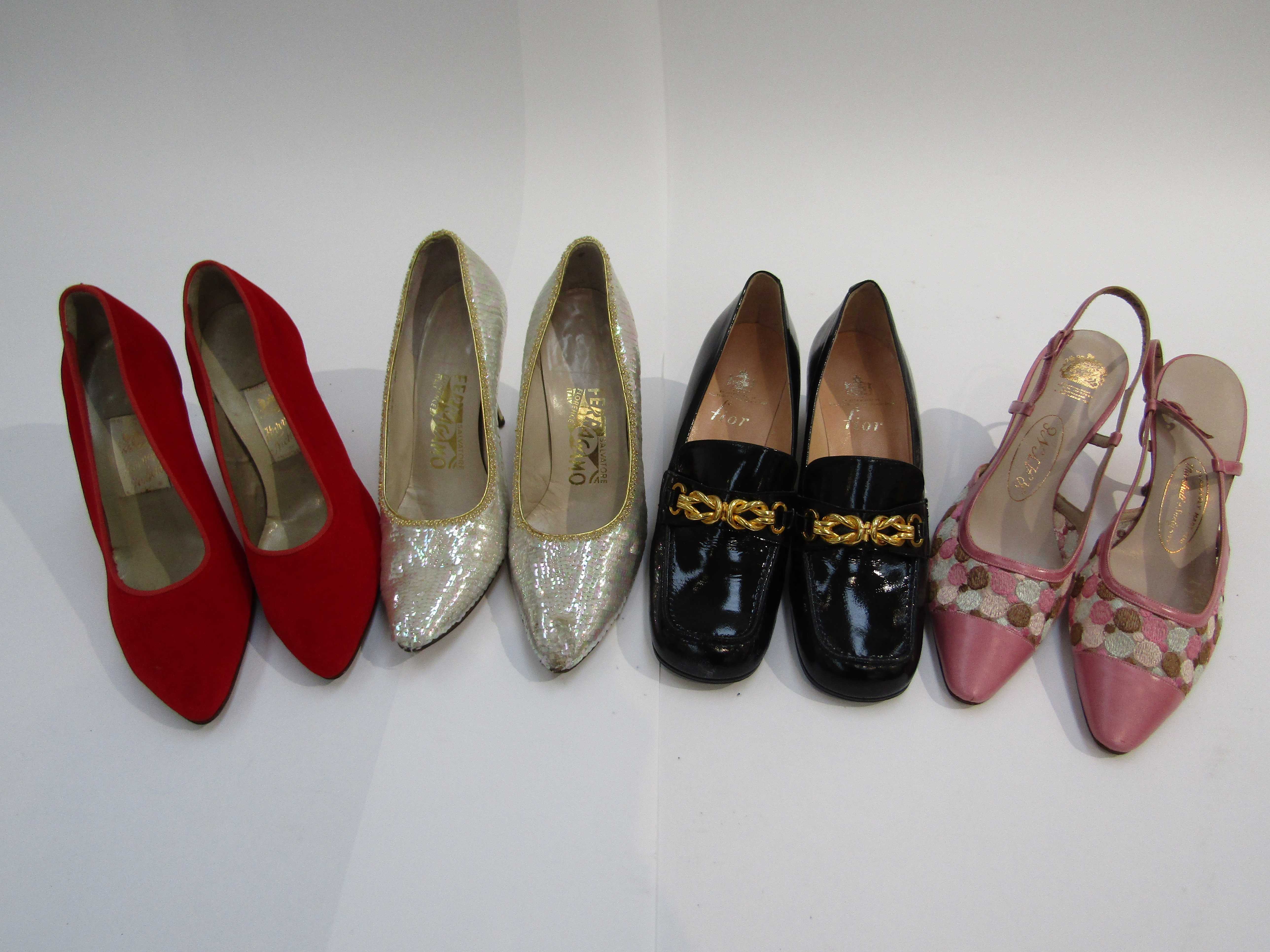 Four pairs of shoes including Harvey Nichols 1960's red velvet court shoes,