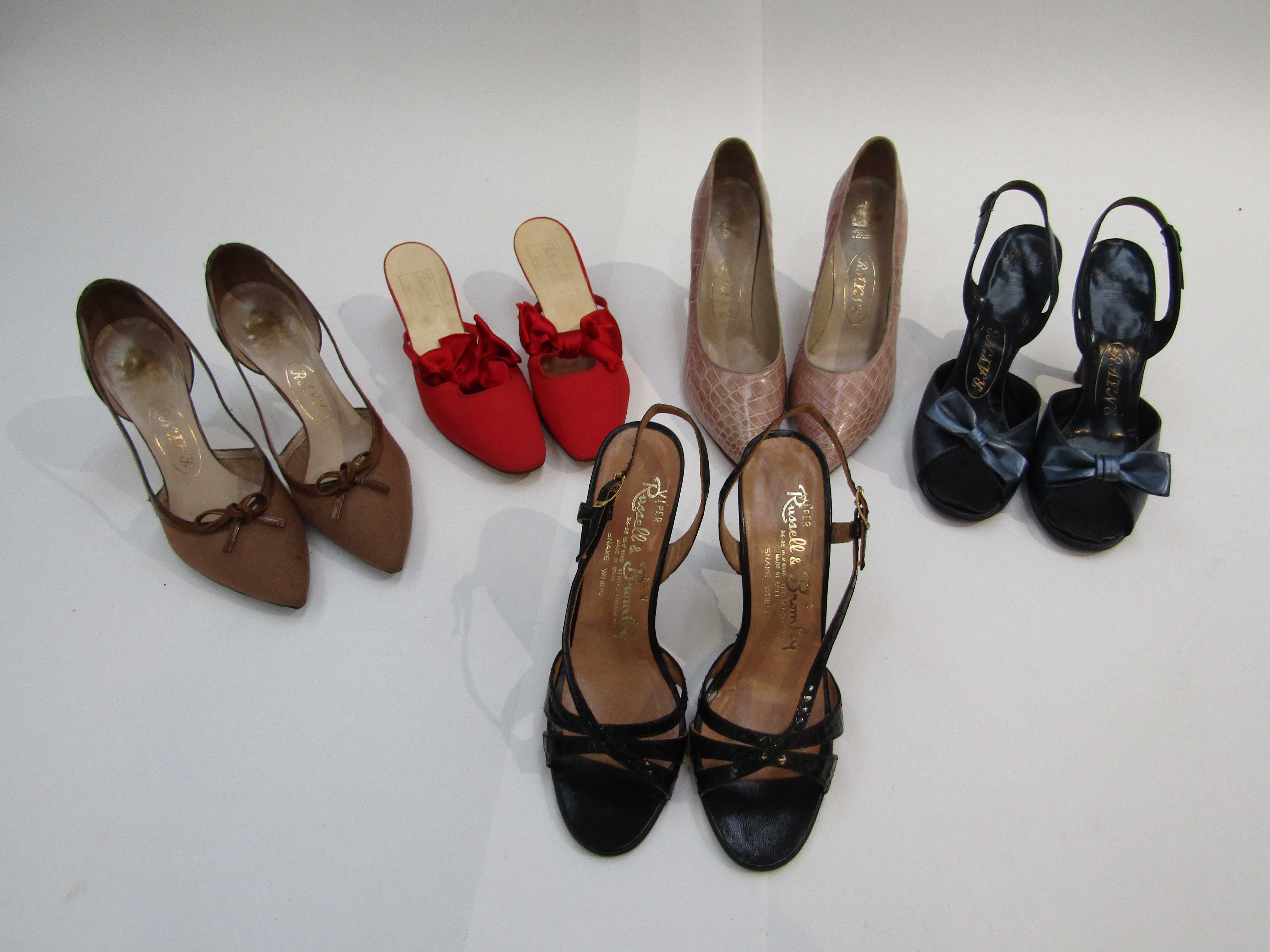 Five pairs of 1960's shoes, Fortnum & Mason's red fabric mules with silk bow, Rayne pink stilettos,