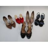 Five pairs of 1960's shoes, Fortnum & Mason's red fabric mules with silk bow, Rayne pink stilettos,