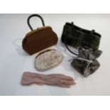 Two handbags, coffee coloured crochet with a green tweed wool effect,