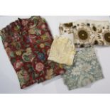 A quantity of 1950's and 1960's fabric remnants and a pair of Linen Union curtains