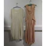 A 1930's peach full length evening dress, loose pleated effect to the hip,