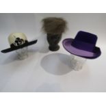 Three ladies hats including "Philip Somerville" cream and black, and purple velvet example etc,