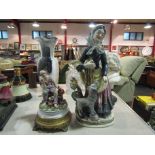 A Capodimonte style figural group of homeless man with bag, associated gilt metal base,