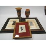 Two Crown Devon vases and three 19th Century portrait silhouettes on card (5)