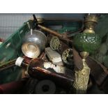 Two boxes of mixed bygones including oil lamp,