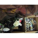 Two boxes of ceramic figures and misc.