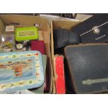 Two boxes of mixed collectibles including watches and Pentax binoculars