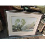 A large framed and glazed William Russell flint print of rural riverside,