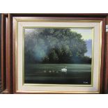 ALAN LEWIS (b. 1944) Two framed oils on board, lake scenes with swans, signed.