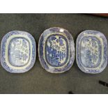 Three Victorian blue and white meat plates