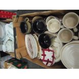 Two boxes of retro Pyrex style tablewares,