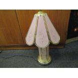 A brassed table lamp base with pink glass floral panels