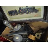 A box of mixed including GER framed railway print, mixed brass items,