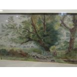 A naive watercolour depicting a rural farming scene of a sheperdess, sheep dog and sheep,