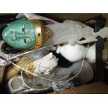 Four boxes of mixed ornaments including Staffordshire style Cromwell, Indian masks,