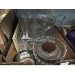 Two boxes of silver plated and glass wares including coffee pot,