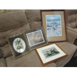 A quantity of pictures and prints including scenes of birds, acrylic on canvas of windmills by I.