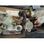 Two boxes of mixed ceramics including Wade sherry barrel, lustre ware,