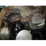 A box of mixed including copper kettle and tea wares