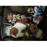 A box of Capodimonte ceramics including floral vases
