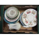 Two boxes of mainly blue and white plates etc