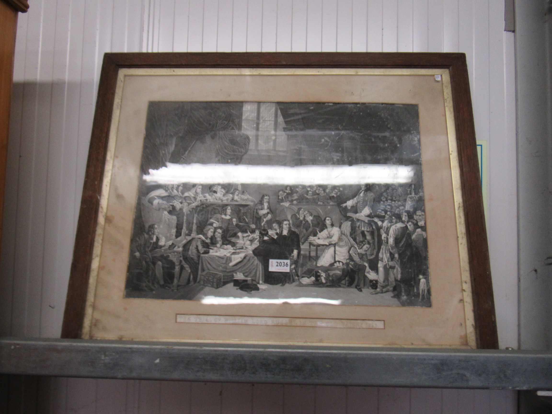 A framed and glazed engraving "The Trial of William Lord Russell in the Old Bailey"