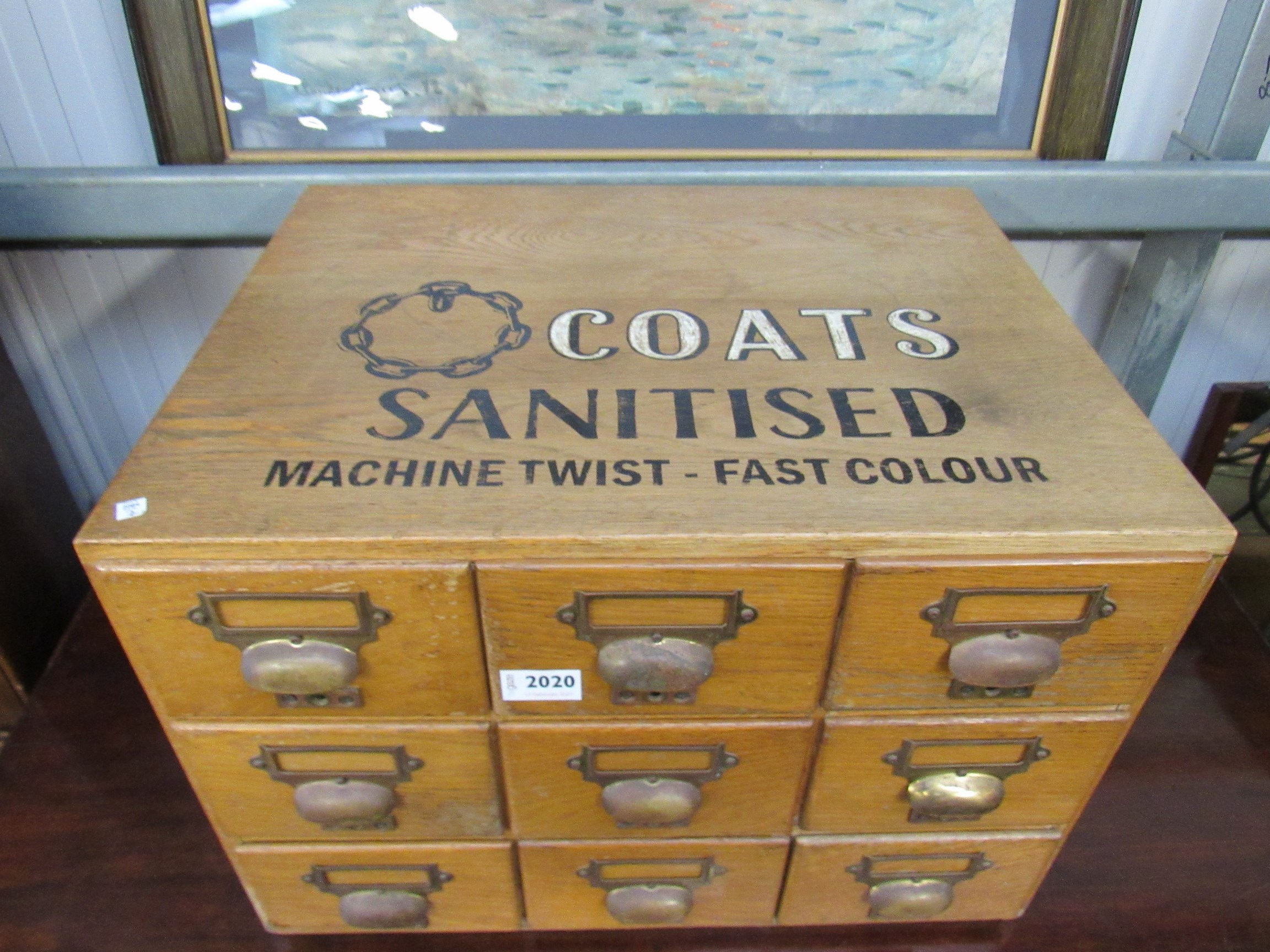 An oak nine drawer haberdashery unit "Coats Satinised" 91w x 40d x 36h cm - Image 2 of 2