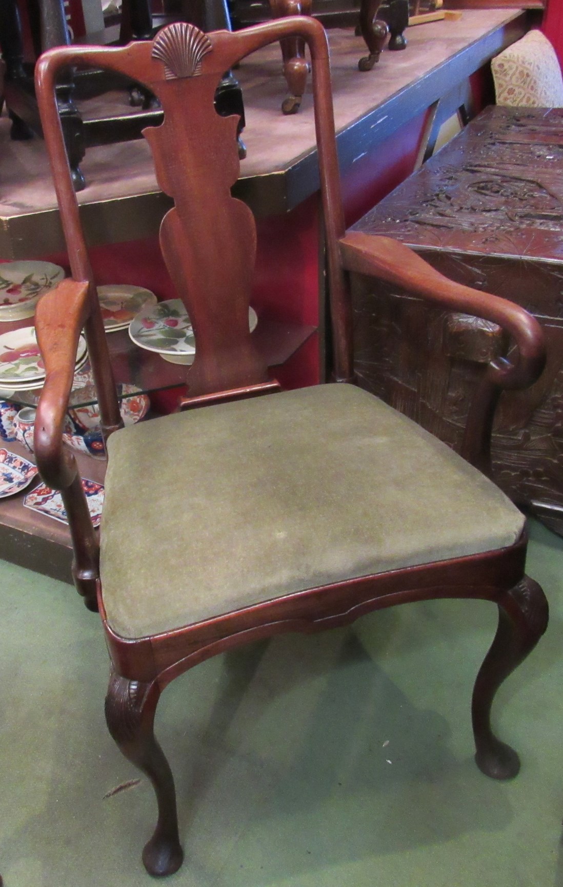 A George II style mahogany elbow desk chair the vase shape central splat and shepherd's crook arms