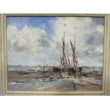 KEN CURTIS: Oil on board of sail boats, rowing boat to foreground, 26.