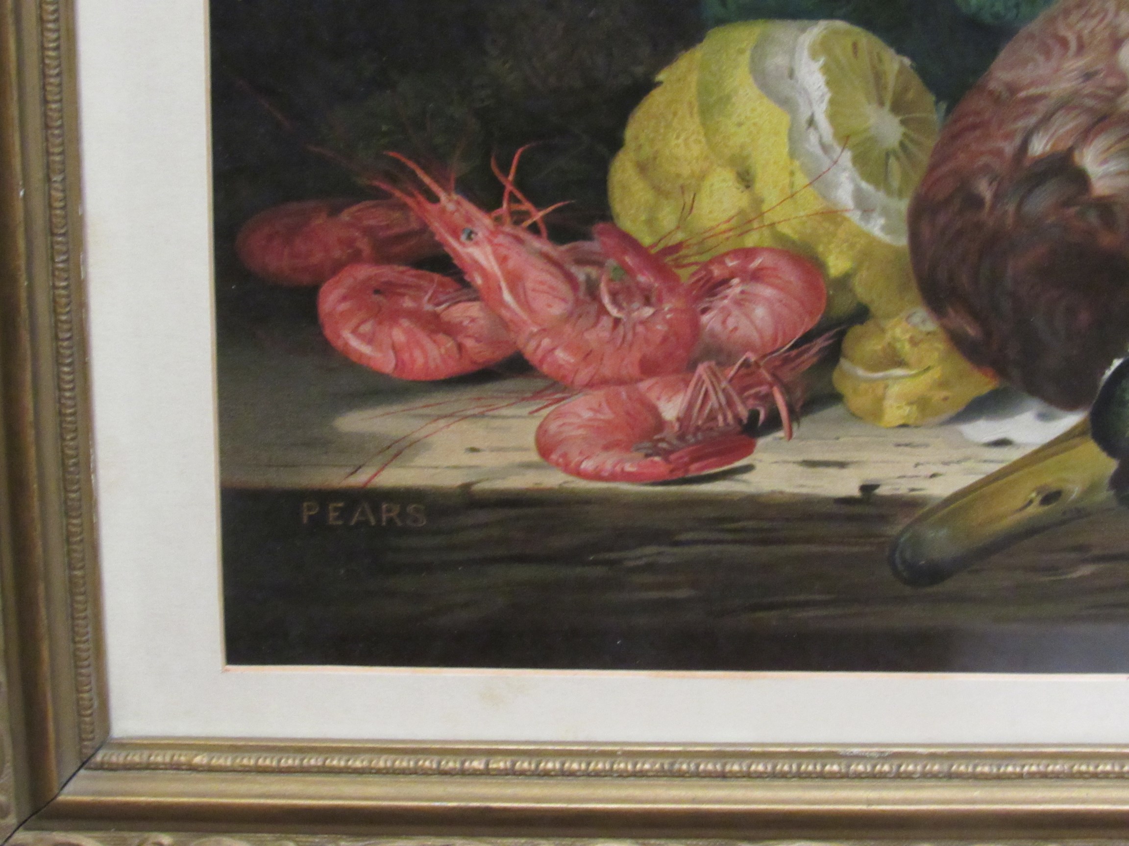Pears coloured print still life, cabbage, lemon, shrimps and duck in ornate gilt frame, - Image 2 of 2