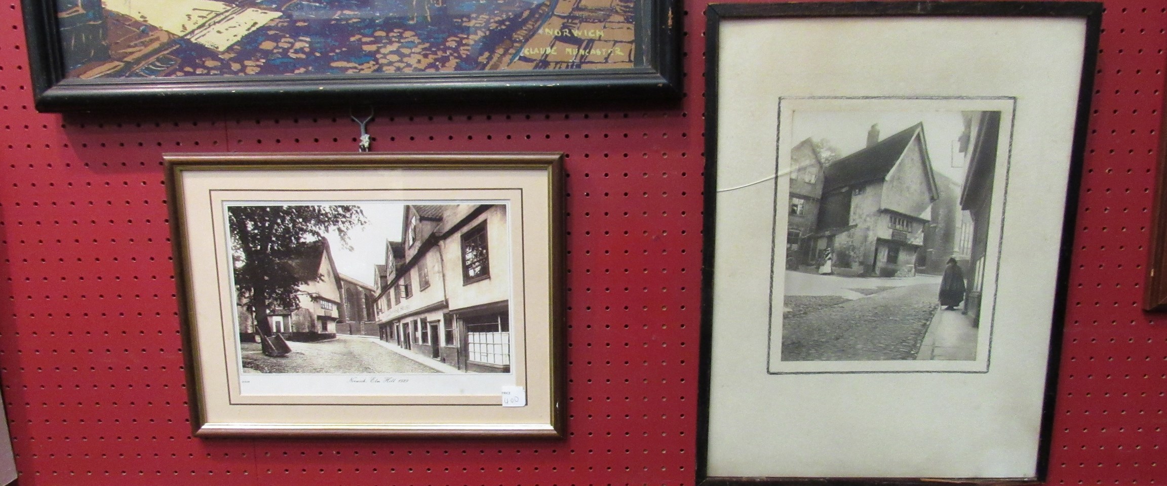 Two framed and glazed photographs of Elm Hill, Norwich through the ages,