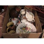 A box of ceramics including jugs,