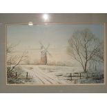 HARRY PETERS: (XX) Watercolour of winter windmill scene, framed and glazed,
