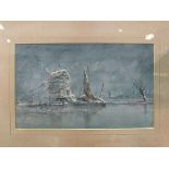 A barren winter Broads scene with windmills, framed and glazed,